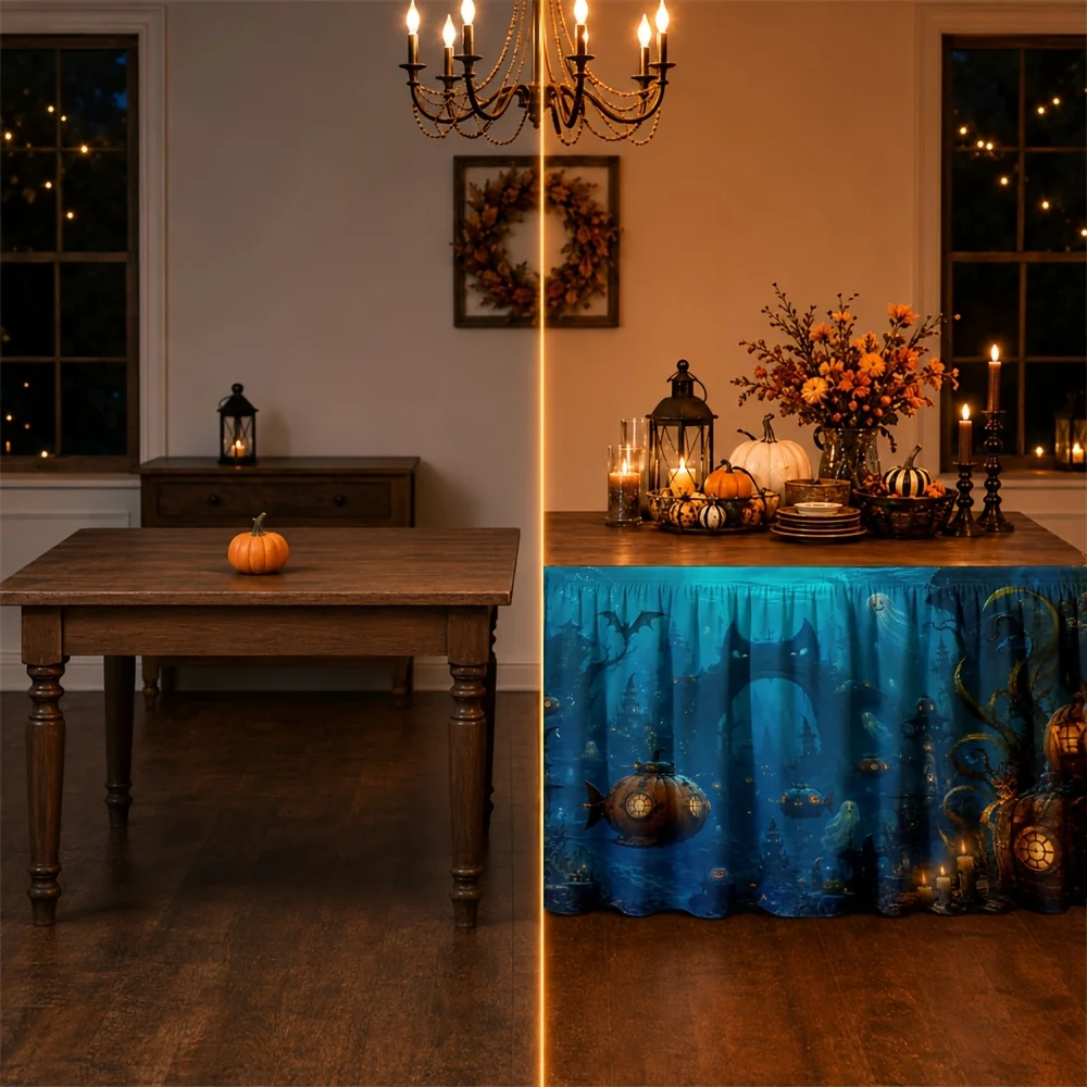 Halloween table skirt, polyester, ghost, fantasy, gothic, mysterious, ghost house, cemetery, pumpkin lanternzyc
