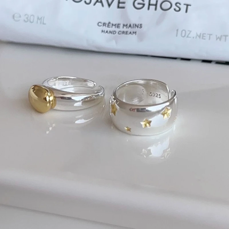 925 Stamp Silver-color Open Rings Fashion Star Finger Ring Hip Hop Vintage Couples Hollow Lines Punk Party Adjustable Jewelry