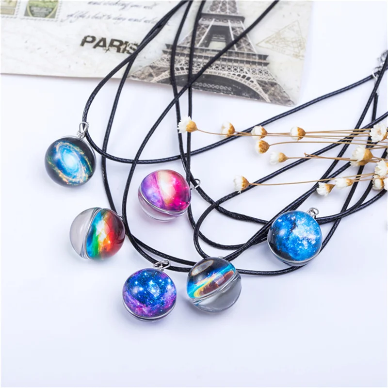 Collares Duplex Planet Crystal Stars Ball Glass Galaxy Pattern Leather Chain Pendants Maxi Necklace For Womem Girlfriend Gift