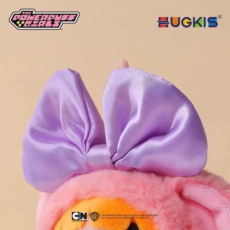 Bonito 12cm powerpuff meninas chaveiro bonito dos desenhos animados coelho laço vestir-se brinquedo de pelúcia pingente imitação de pele de coelho tecido para meninas