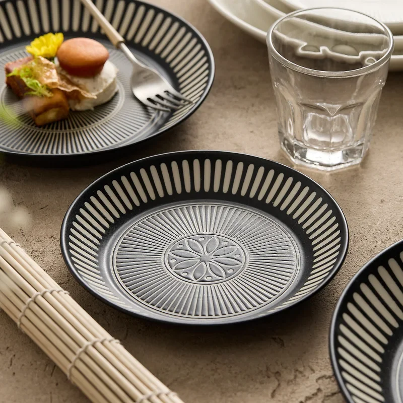 Ceramic Plate High-end Printing Relief Deep Plate Shallow Plate Japanese Tableware Artistic Conception
