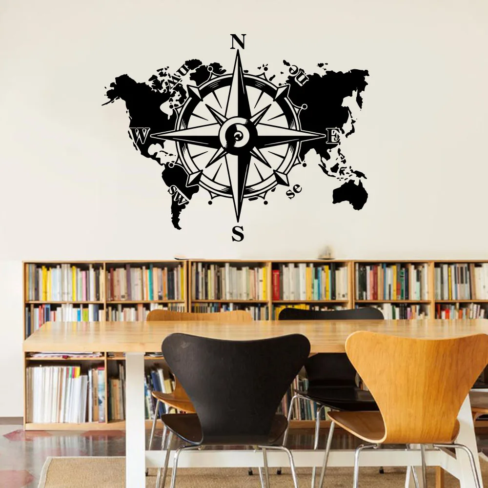 Compass World Map Adventure Wall Sticker Office Bedroom Earth Travel Explore Wall Decal Living Room  Home Decor