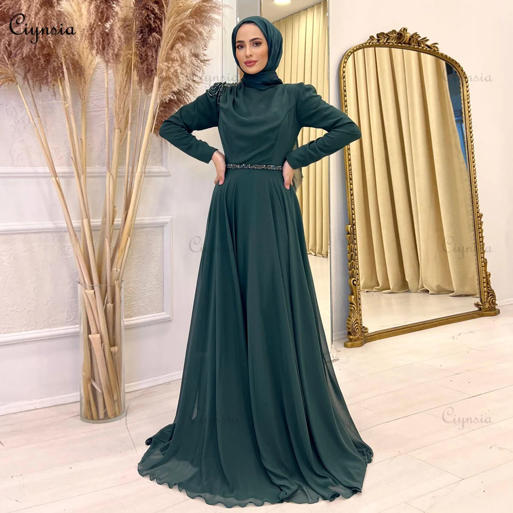 

Ciynsia Arabic Dubai Muslim Formal Dress A-line Long Sleeve Hijab Evening Dresses Woman Elegant Robes De Soirée Chiffon Party