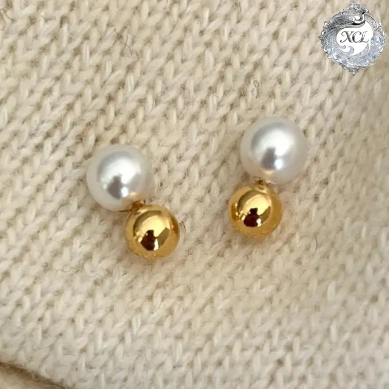 

XCL S925 Sterling Silver Sided White Pearl Stud Earrings Fashion Jewelry Women Girls Wedding Party Engagement Gift Accessories