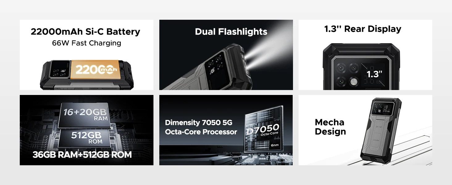 DOOGEE S200 Max 5G Rugged Phone 1.32' Rear Display Dual Light Flashlight 16GB 512GB 22000mAh 6.72'' 120Hz Screen Smartphone NFC