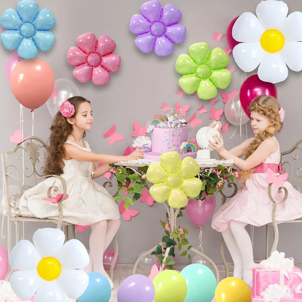 134 sztuki pastelowych balonów stokrotki, ogromnych białych kwiatów balonów z folii aluminiowej Różowy żółty niebieski zielony fioletowy balon lateksowy z helem, odpowiedni na urodziny, Baby Shower, wesele, materiały do dekoracji imprezy stokrotki — zdjęcie 5