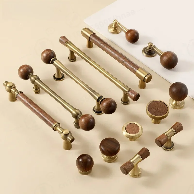 Medieval Style Walnut Cabinet Door Handle American Light Luxury Brass Drawer Wardrobe Door Knob Hardware