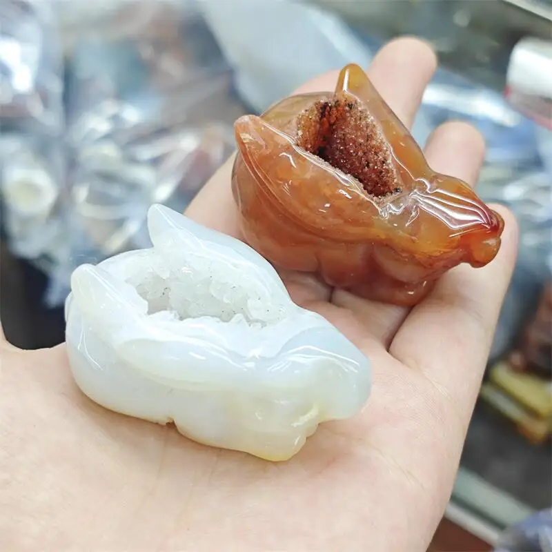 Natural Agate Geode Rabbit Carving Reiki Healing Fengshui Stone Home Office Decoration Holiday Gift 1PCS