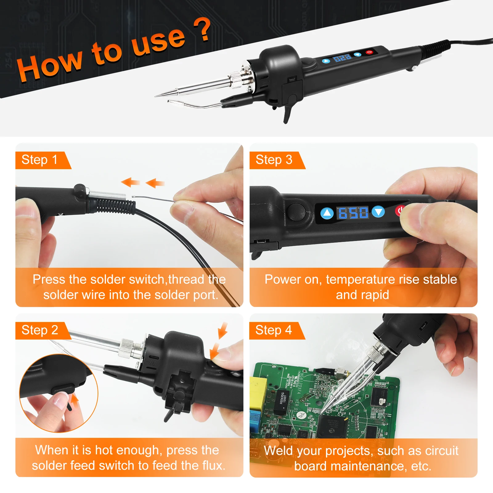 Toolour Soldering Iron Kit 80W 220V Fast Heat up in 15s Electric Send Tin Gun LCD Digital Adjustable Temperature for PCB Repair