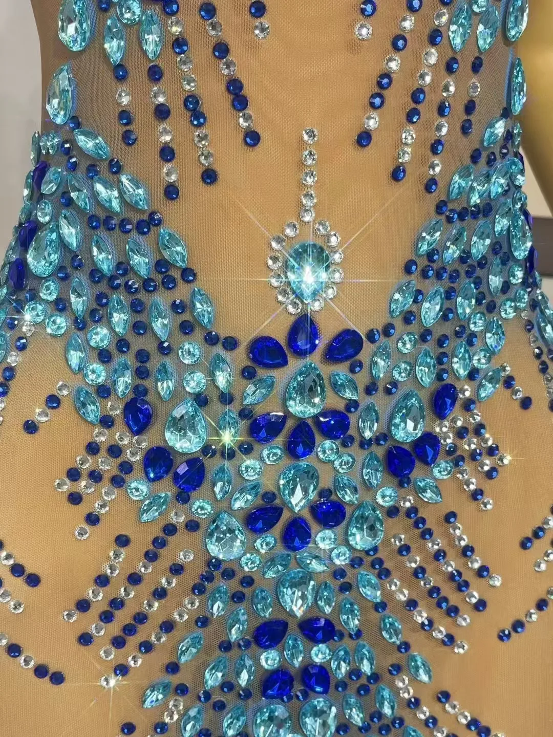 Sexy Stage Nude Mesh Luxury Sparkly Rhinestones Maxi Dress Women Evening Party Elegant Gown Show Red Carpet Photoshoot Costume