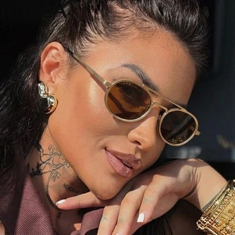 

Small Oval Metal Frame Steampunk Sunglasses Women 2026 Luxury Brand Retro Double Beam Shades Vintage Punk Eyewear For Ladies
