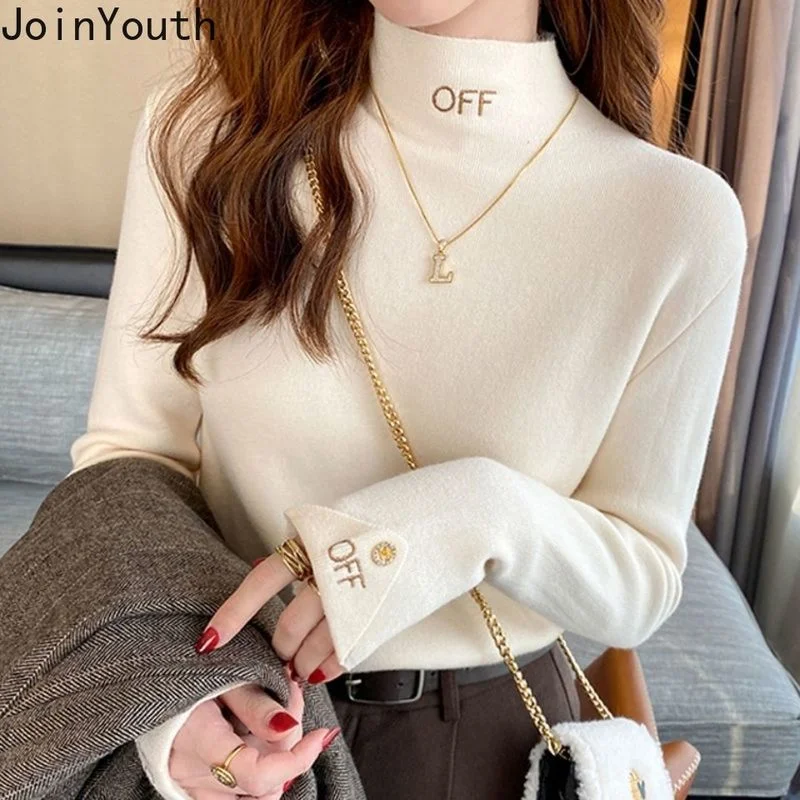 Joinyouth Half-high Collar Women Tops Korean Woman Sweater Long Sleeve Embroidery Pullovers Winter Autumn Bottoming Sweaters