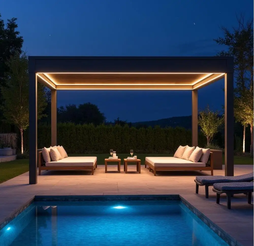 Outdoor Waterproof Motorized Garden Gazebo Aluminum Pavilion with LED Light Pergolas Electric Arbours & Arches for Garden Decor
