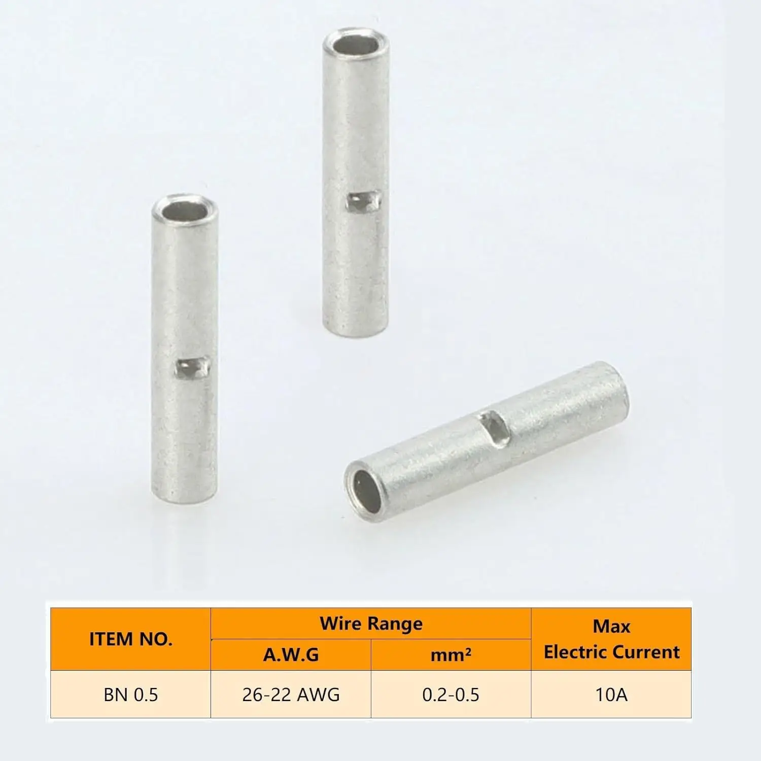 100Pcs 26-22AWG T2 Red Copper Matte Tin Plated Non-Insulated Butt Connectors BN Bare Crimp Butt Splice Terminals