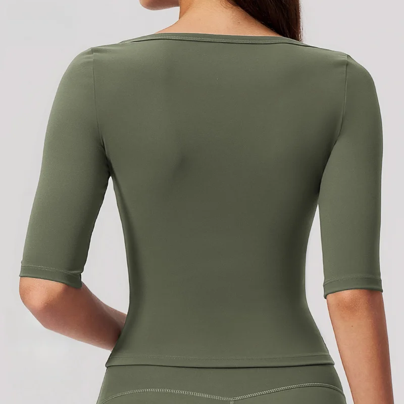 Women Brushed Yoga Top Boat Neck Mid Sleeve Slim Fit High Elastic Waist Cinching Cropped Shirt For Running Fitness Workout