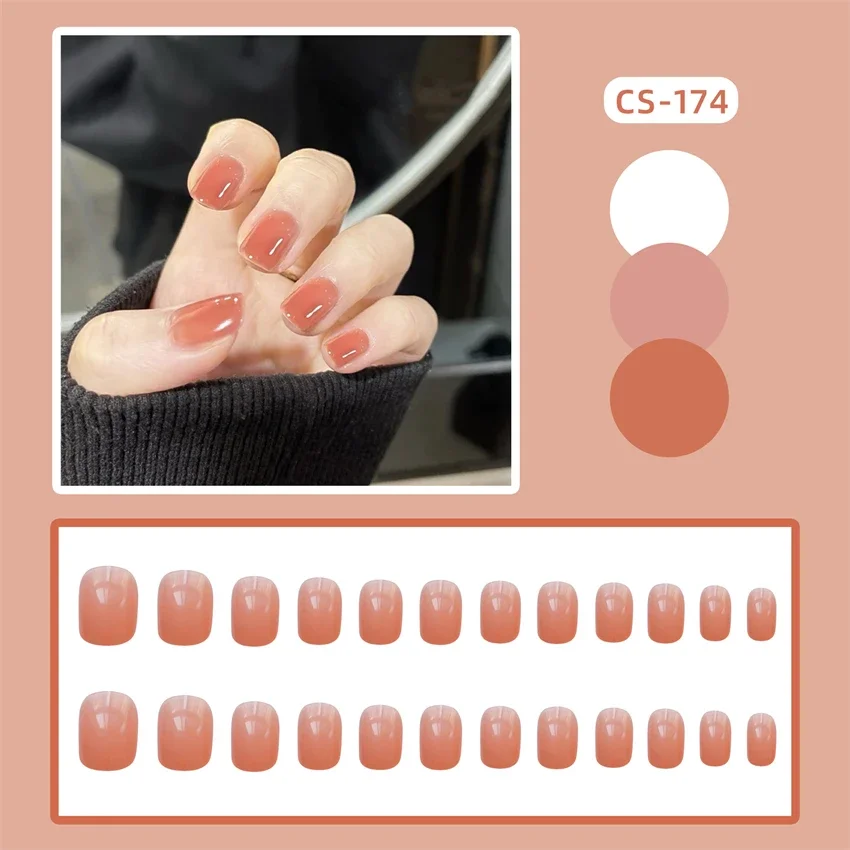 24Pcs/Set Fruit Orange Mini Removable Press on Nail Short Solid Colour Wearing False Nails French Full Coverage Fake Nail Tips