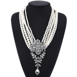 Costume Jewellery Wholesale Bridal Chunky Crystal Rhinestone Bib White Faux Pearl Beaded Layered Statement Necklace for Women