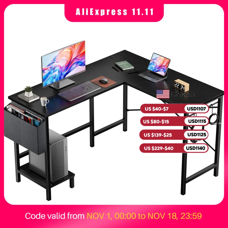 MCQ L Shaped Standing Office Computer Desk with Storage Bag and Side Hook Ergonomic Computer Corner Gaming Desk with PC Stand for Home Office Use Workstation