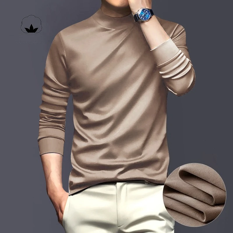 ​​Men's High Neck Liquid Ammonia Mercerized Cotton Long Sleeve T-Shirt -  Anti-Static & Silky Sheen​​