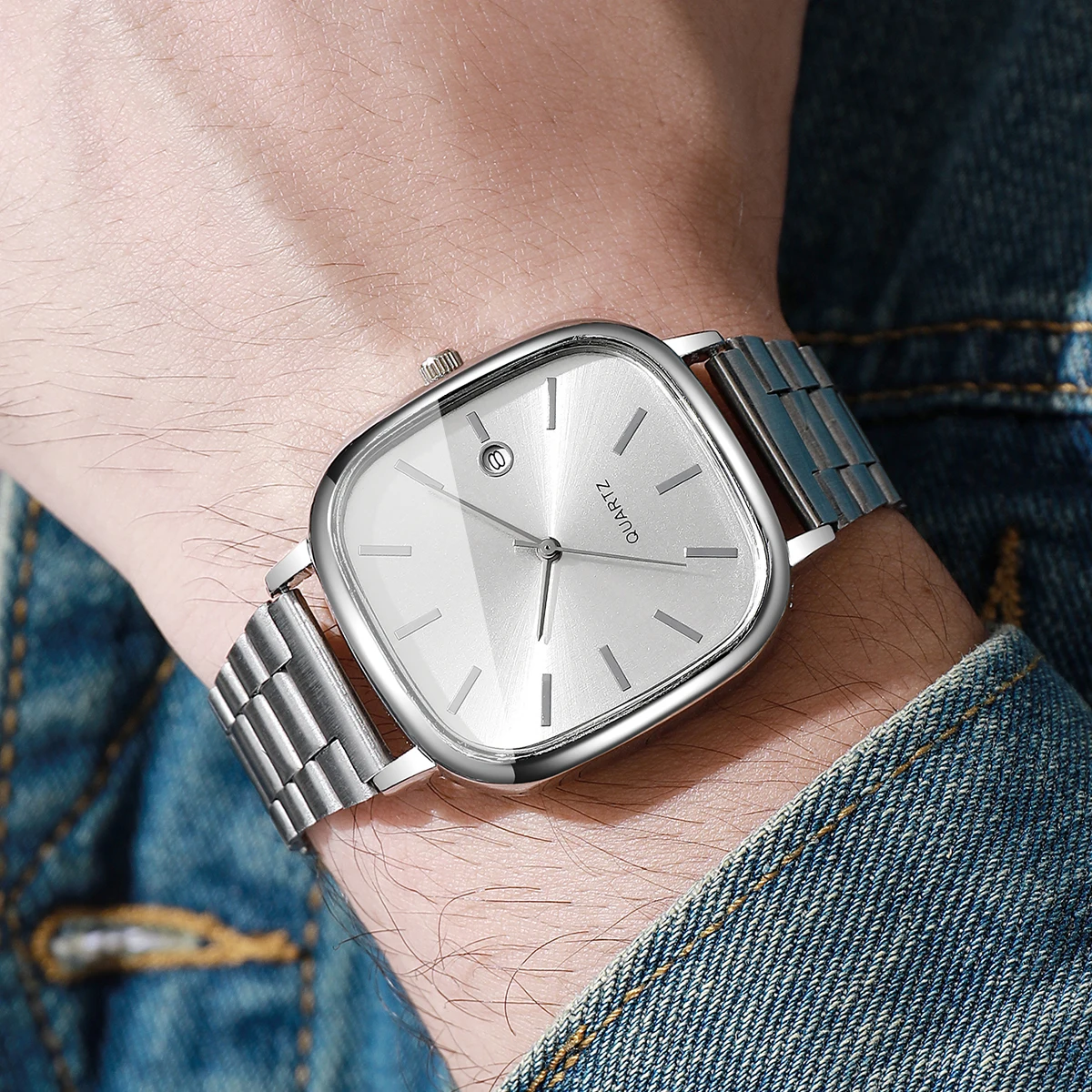 موضة ساحة الرجال التقويم ساعة كوارتز التناظرية رجال الأعمال الساعات ساعة هدية Reloj Hombre (بدون صندوق)