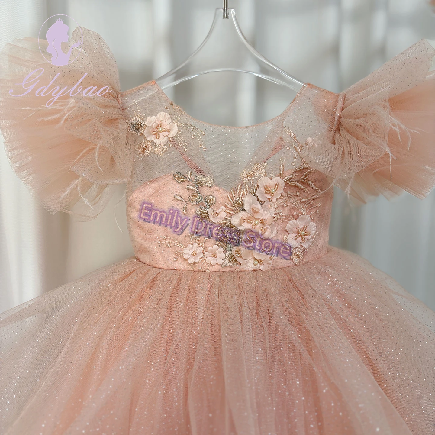 Lindo vestido rosa de flores para niña para boda apliques 3d de encaje hinchado hasta la rodilla niños cumpleaños Navidad vestidos de fiesta de primera comunión