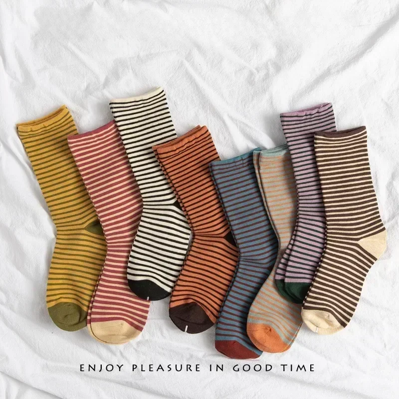 Retro Striped Socks Children's Women Medium Tube Socks Spring and Autumn Cotton Stockings Korean Stockings Japanese Socken
