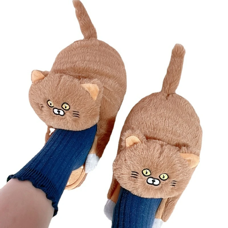 Cuddly Hug Cat Slippers Women Men Winter Home Slides Kawaii Floor Shoes Furry Slippers Girl White Mules Funny Cute Gift Slippers