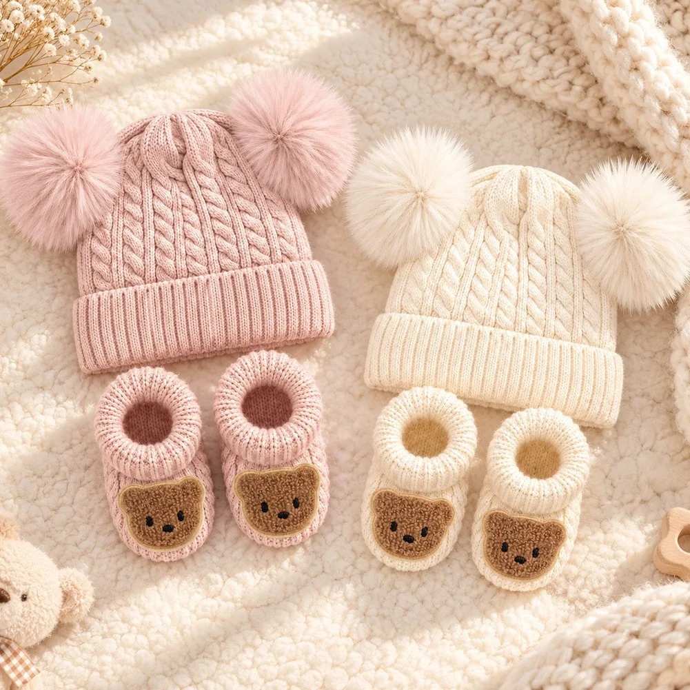 Baby Cable Knit Pom Pom Earflap Hat Sock Set Fleece Lined Warm Bear Patch Beanie Soft Knitted Socks Shower Winter Outfit QNE38