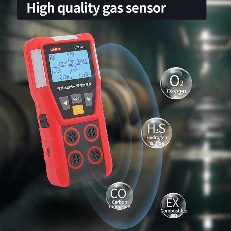 UNI-T 4 in 1 Gas Detector UT334E+ O2 CO H2S Combustible Gases Monitor Leakage Detector Air Quality Tester