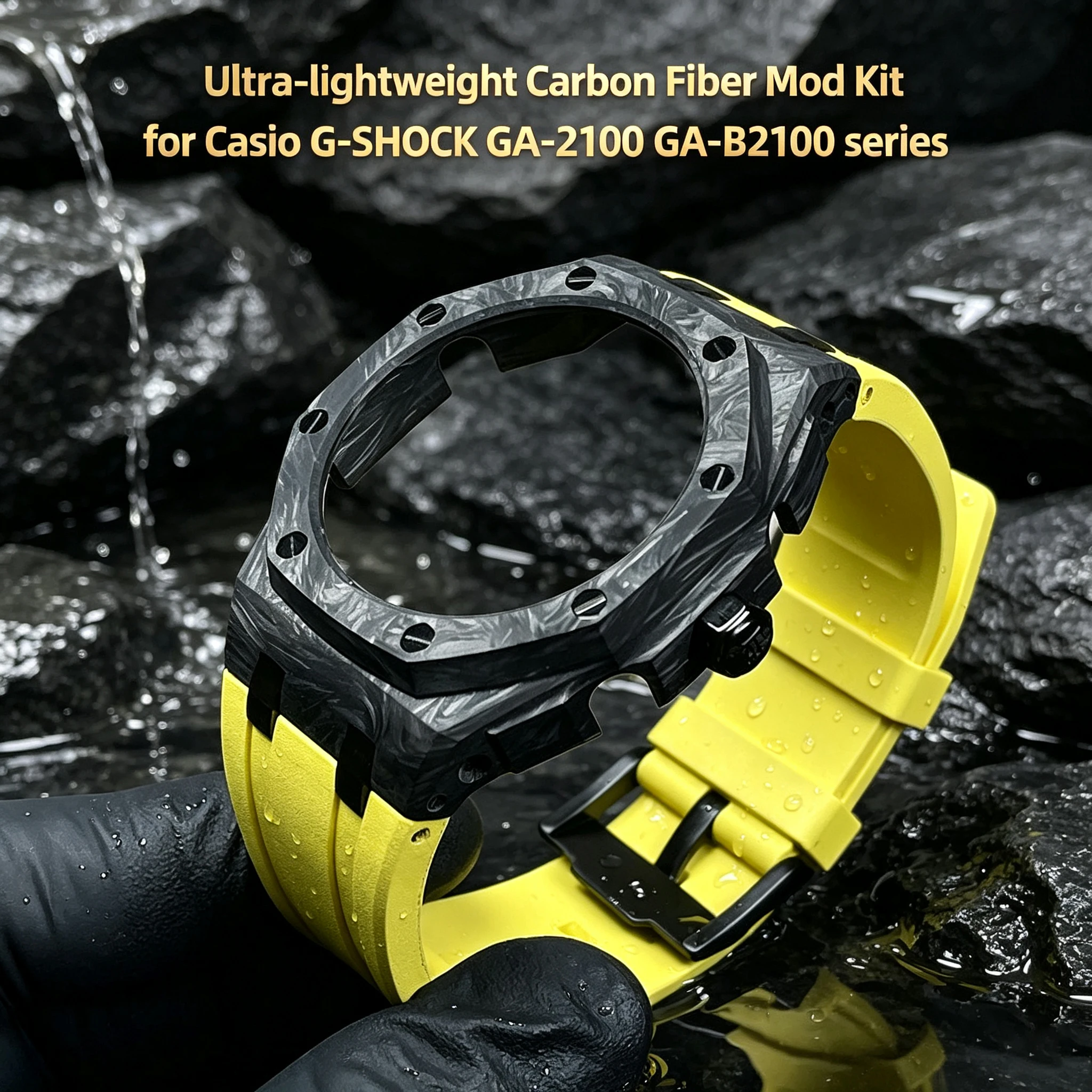 Ultra-lightweight Carbon Fiber Mod Kit for Casio G-SHOCK GA-2100 GA-B2100 Casioak Carbon Bezel & FKM Fluororubber Watch Strap