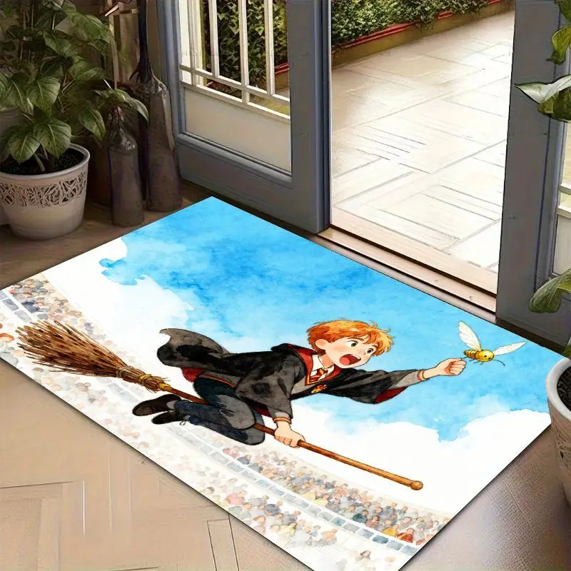 1PC Trendy Anime Cartoon Magic Wizard Student Flying Broom Floor Mat, 50x80cm Non-Slip Absorbent Fantasy Golden Creature Catchin