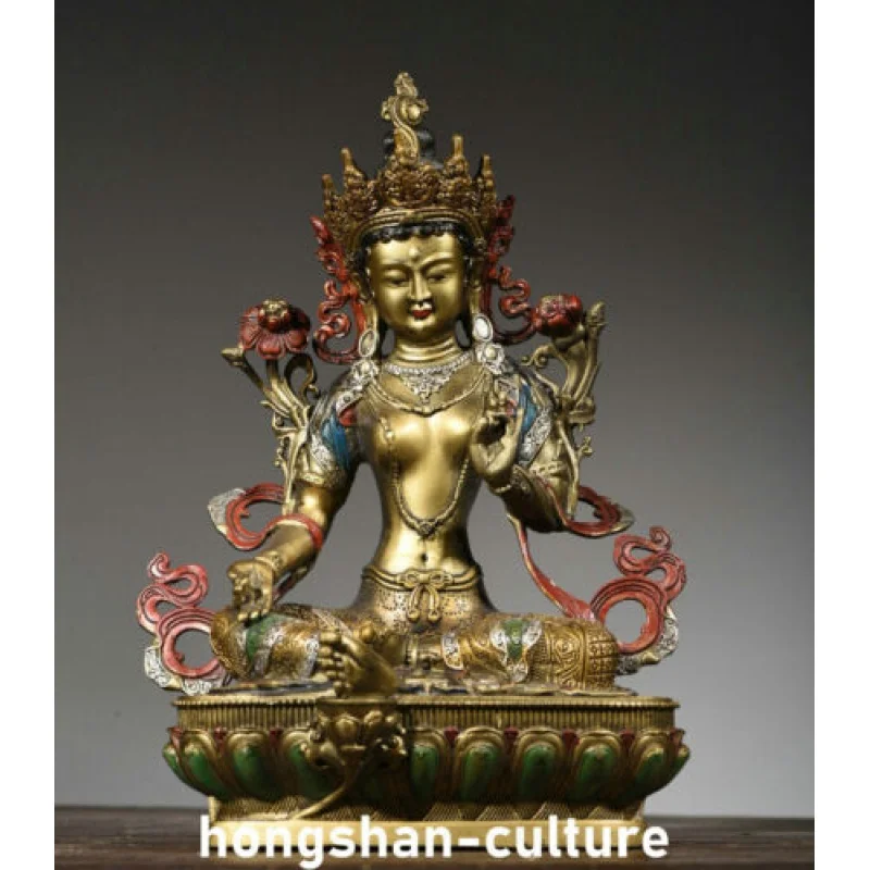 Bronze Painting Gilt Green Tara Enlightenment Goddess Buddha Statue