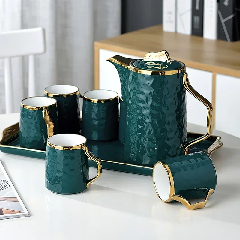 Coffee Set Porcelain Green 1Pot 6Cups 1Tray Phnom Tea Set Handle Ceramic Coffee Teapot Mug Coffeeware Wedding Gift Drinkware