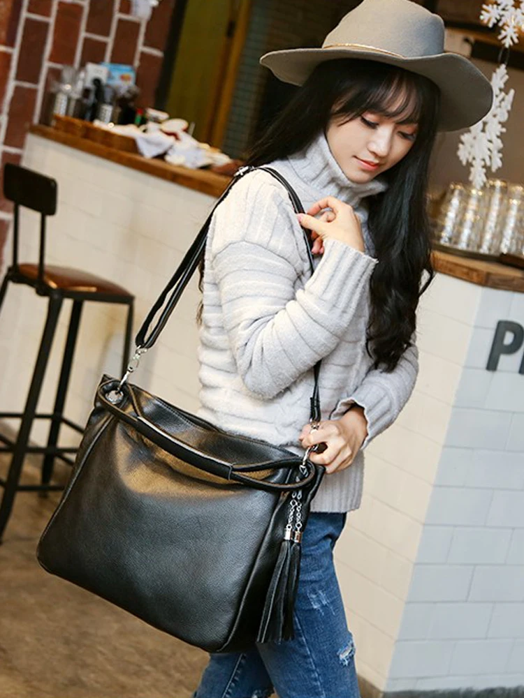 Zency Elegante Quasten-Damenhandtasche, 100 % weiches Echtleder, Umhängetaschen, modische braune rote Tasche für Damen, groß – Detail 7