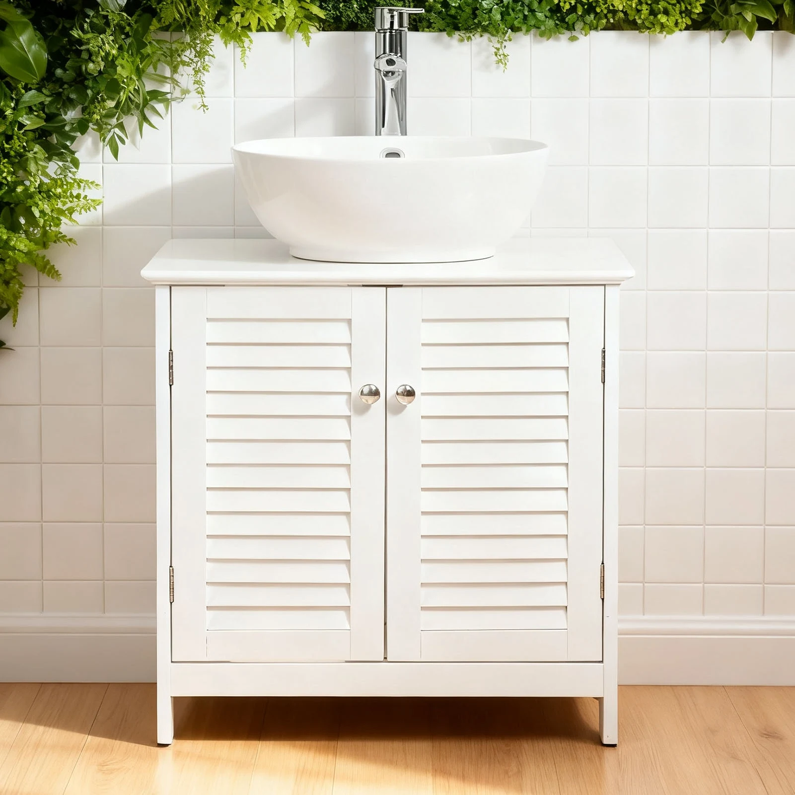 

White MDF Under Sink Storage Cabinet - Modern Freestanding Bathroom Cabinet with 2 Doors & Shelf