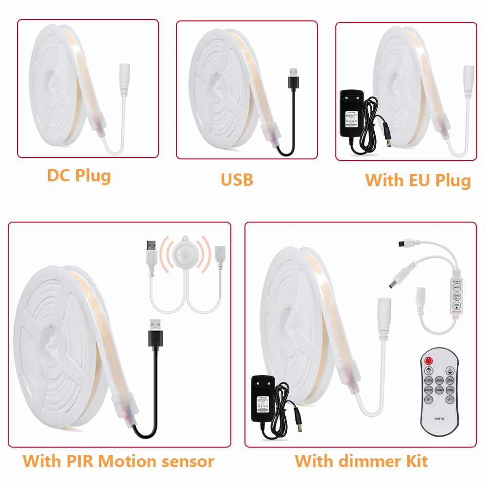 5V Smart PIR Motion Sensor COB Neon LED Strip Light Auto ON/OFF Remote Control 320led/m Waterproof Kitchen Stair Wardrobe Decor