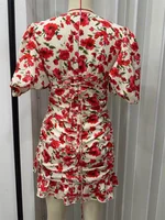 White Red Floral Ruched Puff Sleeve Mini Dress V-neck Ruffle Hem 3d Flower Dresses Summer Lady Party Sweet Date Vestido New 2026 - Image 6