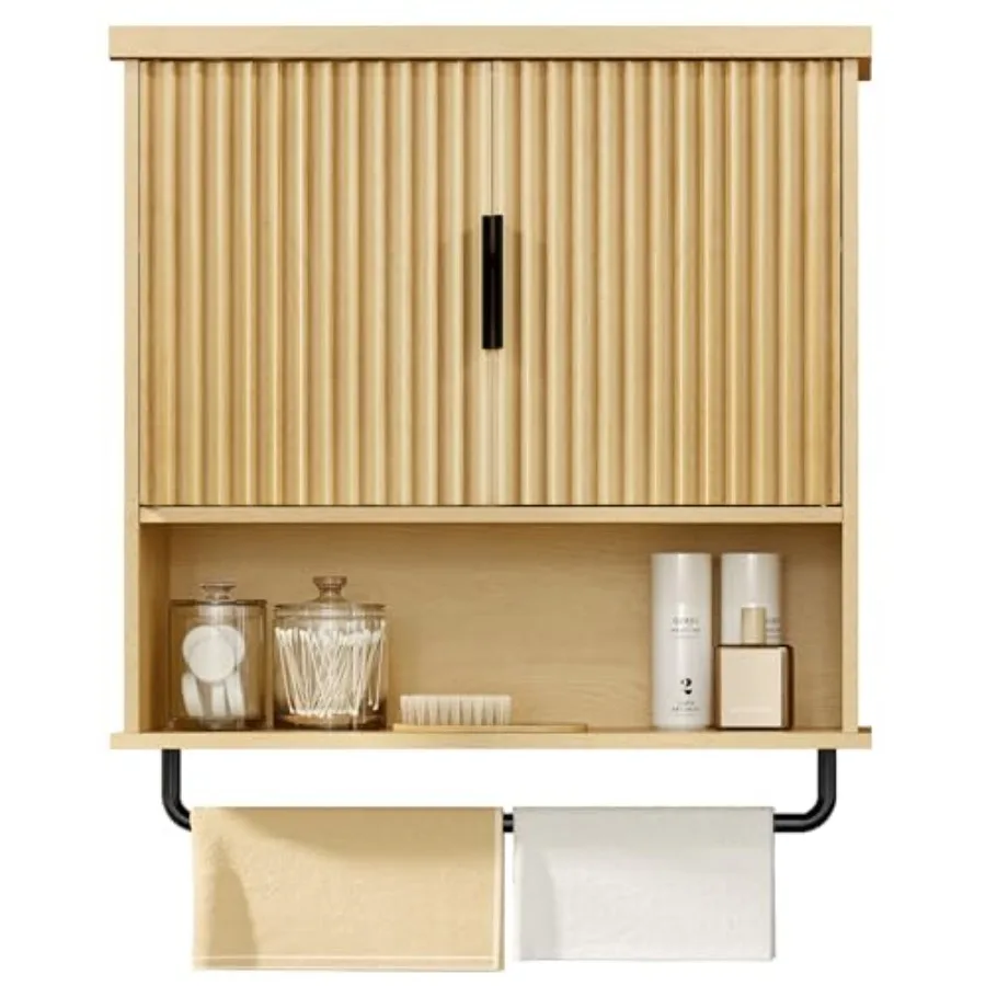 

MAXE Collection - Bathroom Cabinet Wall Mounted, Over Toilet Hanging Cabinet with Adjustable Shelf, Towel Bar, Fluted Doors, 7.