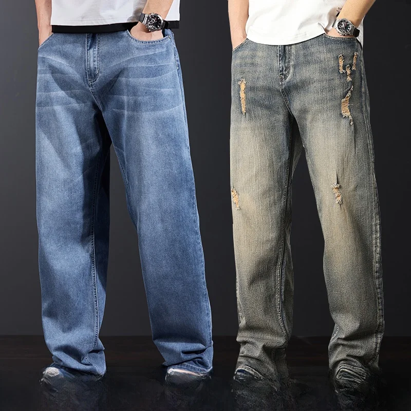 

Мужские летние тонкие джинсы свободного прямого кроя с широкими штанинами, больших размеров, для полных, модные городские молодежные брюки из хлопка и полиэстера