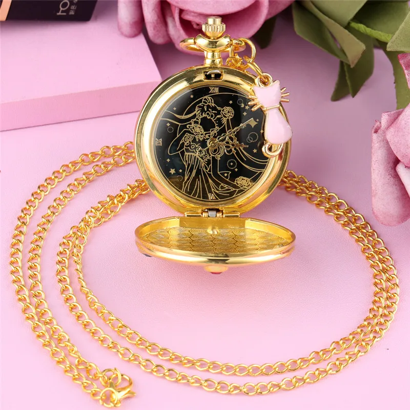 Golden Alloy Case Japanese Anime Cosplay Design Women's Pocket Watch Quartz Analog Display Pendant Accessory with Chain Gift