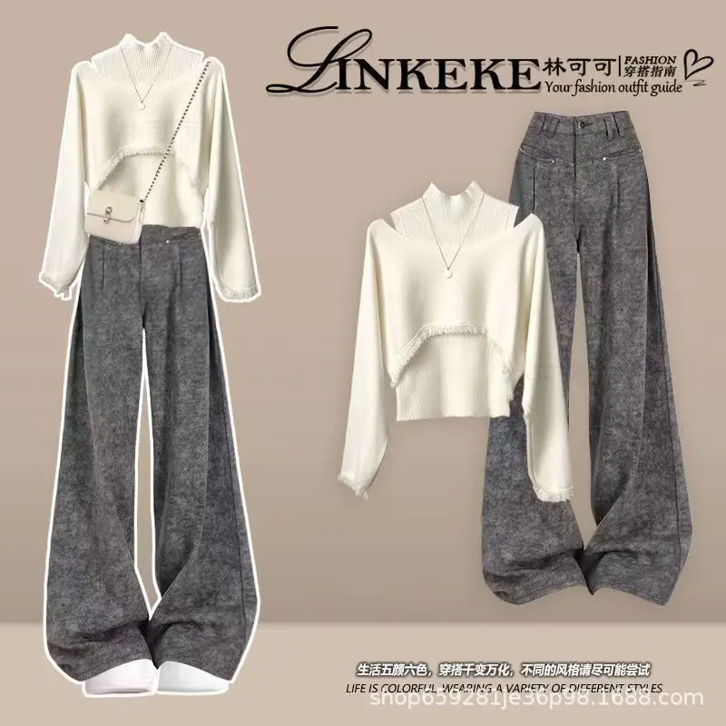 

Temperament Women's Set Spring and Autumn Korean Edition Knitted Shirt Top Fashion Vest Casual Pants 3-Piece Set