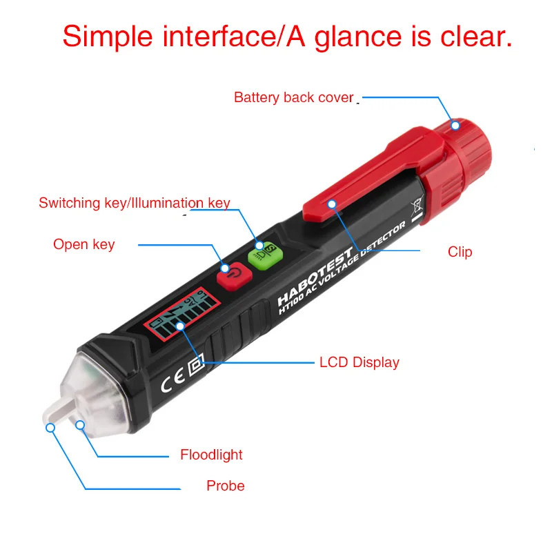 HT100 Non-contact  AC Voltage Smart Detector Tester 12-1000V Current Electric Sensor Test Pencil LCD Display Voltage Indicator