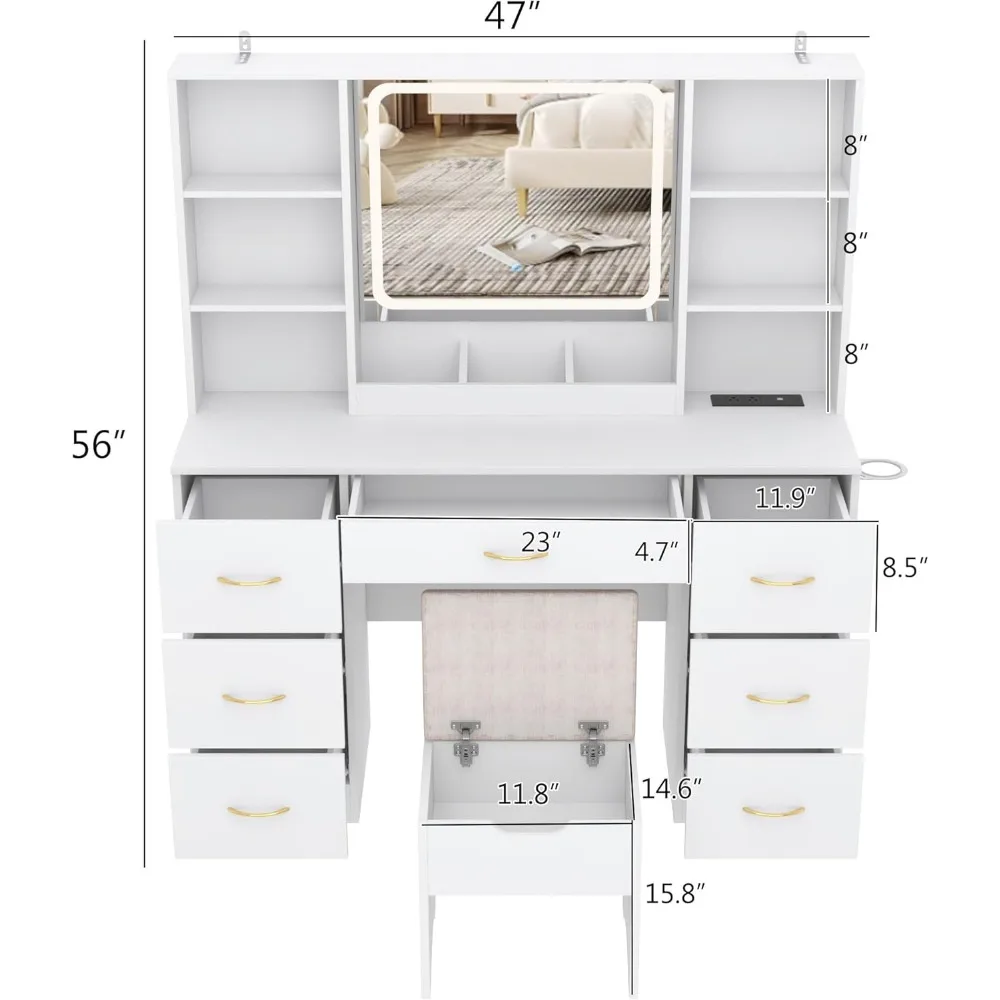 Mesa de vaidade grande de 47 polegadas com 7 gavetas, banco de almofada, saída, 6 prateleiras, conjunto de mesa de maquiagem preta com 3 luzes