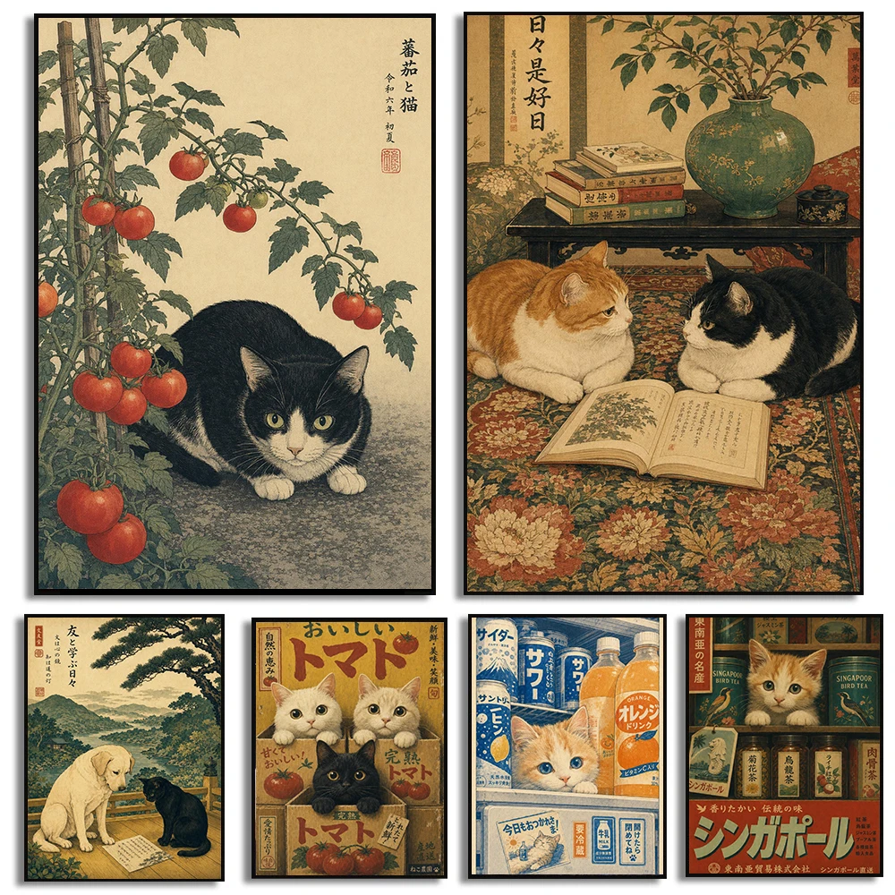 1pc  frameless Canvas Painting Retro Japanese Cat Posters Vintage Woodblock Kitten Art Prints Canvas Painting Wall Art Pictures