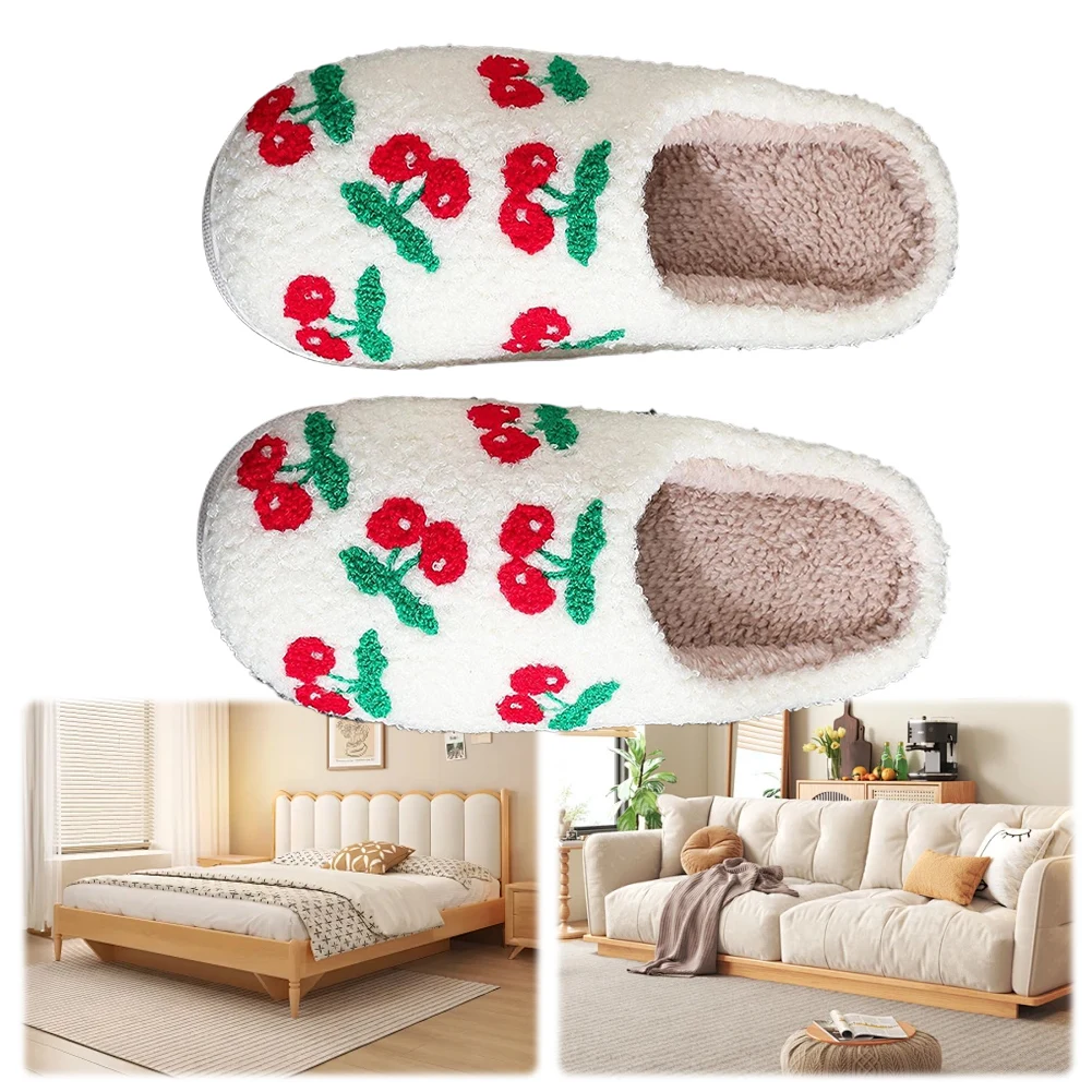 Pantoufles d'intérieur floues en peluche, coordonnantes, plates, thermiques, confortables, pantoufles de fruits en fourrure pour l'automne et l'hiver