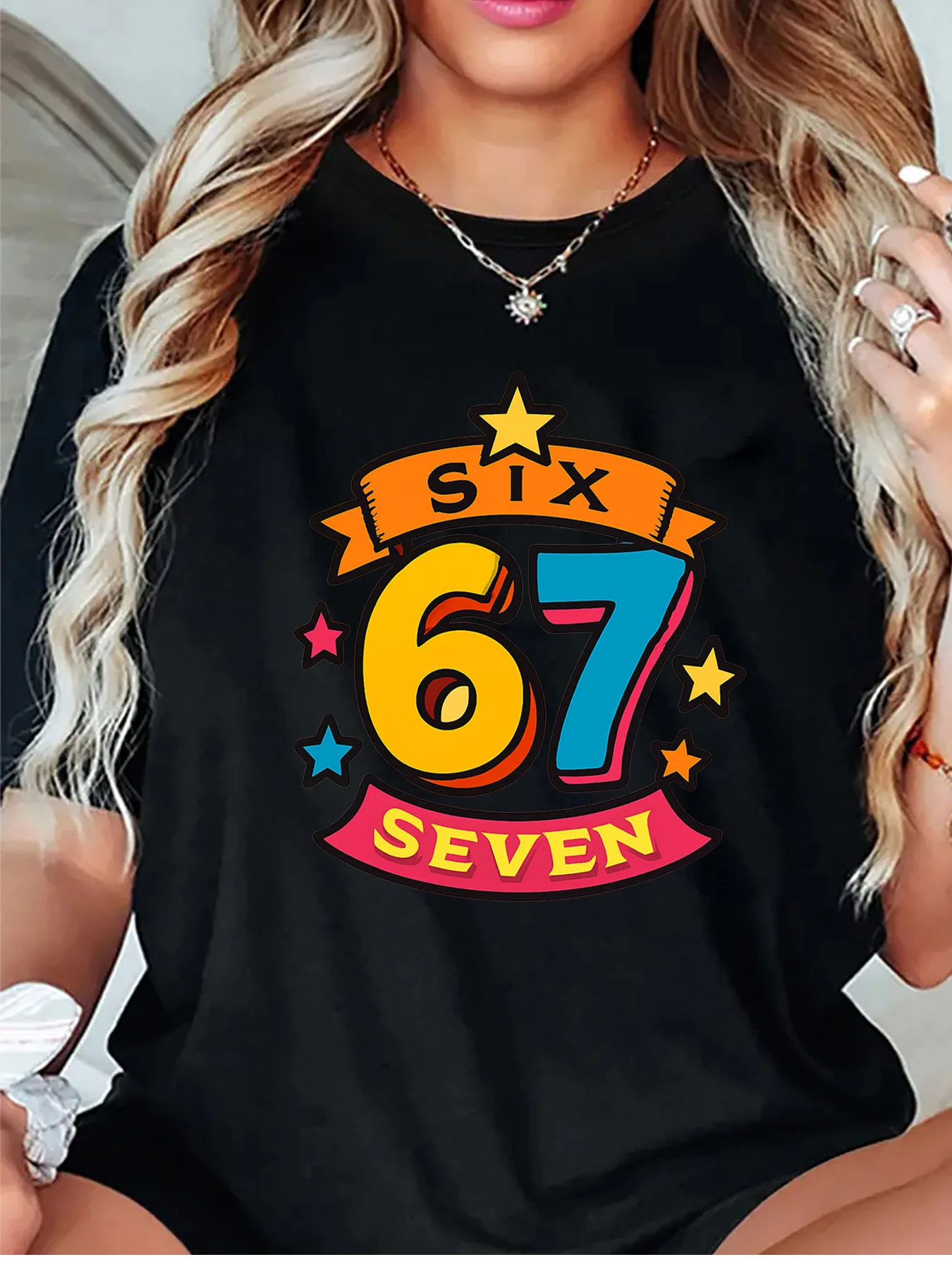Colorful Six Seven Number Star Ribbon Cartoon Art Graphic Womens T Shirt Short Sleeve Crew Neck Daily Casual Ladies Tee Tops