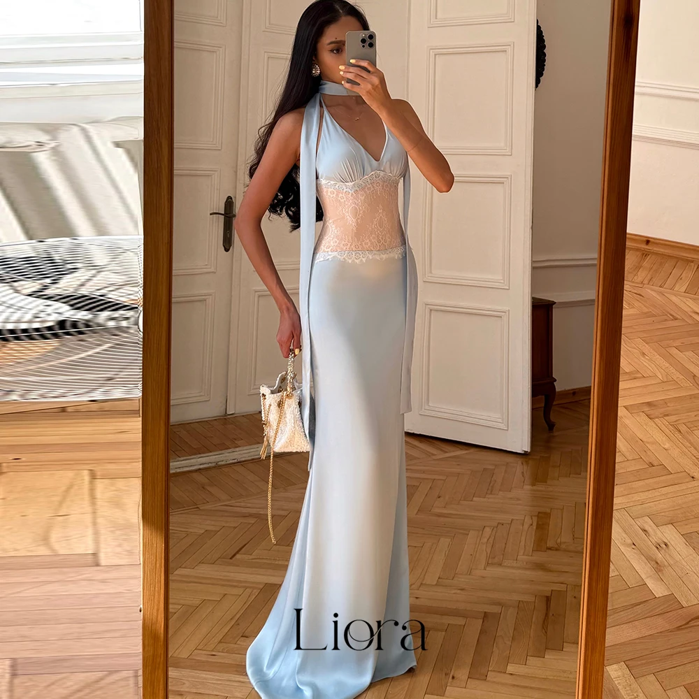 Liora Customized Light Blue Sheer Lace Patchwork Evening Dress Halter Backless Satin Sheath Wedding Guest Party Gownفساتين سهرة