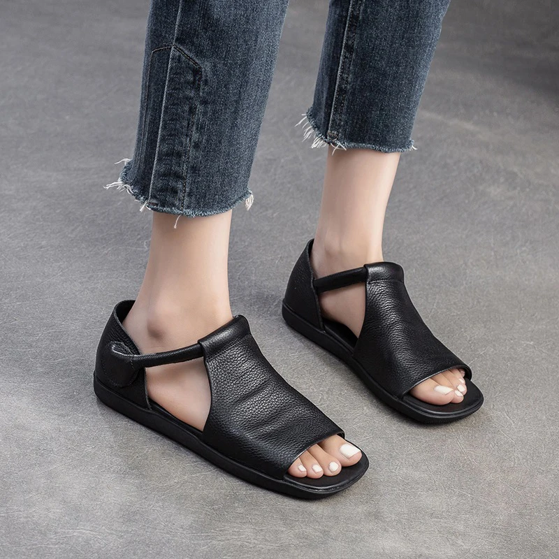 DRKANOL Fashion Sandals Women Summer Open Toe Shoes Solid Color Quality Genuine Cow Leather Soft Comfort Casual Flat Sandals