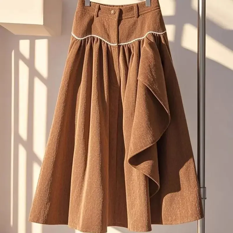 ใหม่แฟชั่น Corduroy กระโปรงผู้หญิงฤดูใบไม้ร่วงฤดูหนาว Ruffles เอวสูง Casual A-Line พับกระโปรง Patchwork Contrast สี Jupe