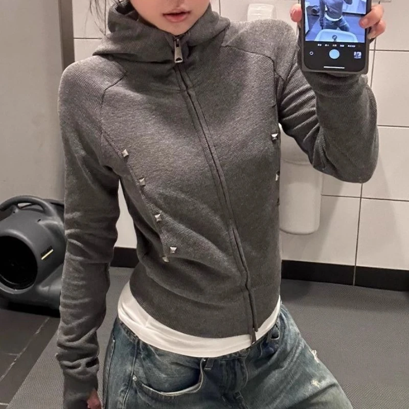 Y2k Rivet Slim Fit Waist-Hugging Hooded Women Autumn Winter Retro Sweatshirts 2025 New High Street Design Zipper Cardigan Jacket